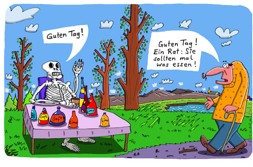 Cartoon: Guten Tag! (medium) by Leichnam tagged guten,tag,skelett,gerippe,tisch,essen,trinken,limonade,saft,trinker,speisen,begegnung,spaziergänger,leichnam,leichnamcartoon,rat,tipp