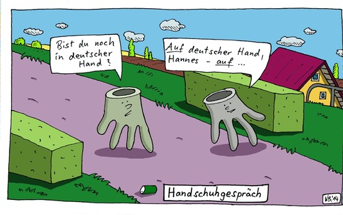 Cartoon: Handschuhgespräch (medium) by Leichnam tagged handschuhgespräch,deutsche,hand,hannes,spaziergang,flanieren