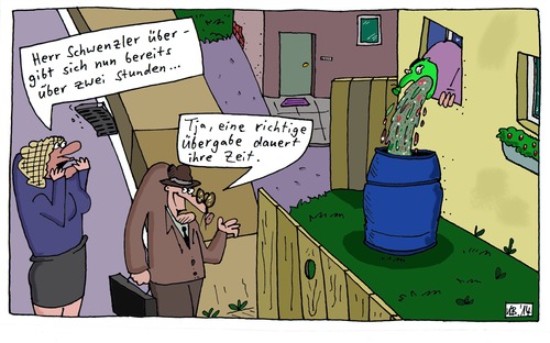 Cartoon: Herr Schwenzler (medium) by Leichnam tagged herr,schwenzler,brechen,speien,übergeben,kotzen,übergabe,dauert,seine,zeit,erschrecken,bürokrat,fass,tonne,vorgarten,mageninhalt,grün,im,gesicht