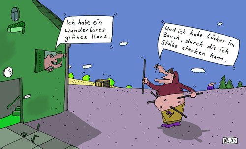 Cartoon: Ich habe (medium) by Leichnam tagged ich,haben,stäbe,grün,löcher,haus,stecken,wunderbar,leichnam