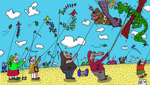 Cartoon: In den Lüften (medium) by Leichnam tagged lüfte,luft,wolken,drachen,schabracke,wind,herbst,freizeit,leichnam,stoppelfeld