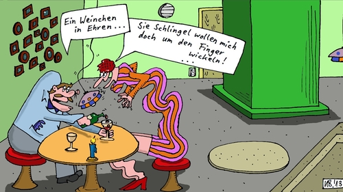 Cartoon: in Ehren (medium) by Leichnam tagged in,ehren,weinchen,restaurant,fein,gepflegt,schlingel,um,den,finger,wickeln