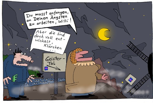 Cartoon: Klärchen (medium) by Leichnam tagged klärchen,willi,ängste,geistertal,wegweiser,arbeiten,voll,entwickelt,ehe,anfangen,grusel,spuk,düsternis