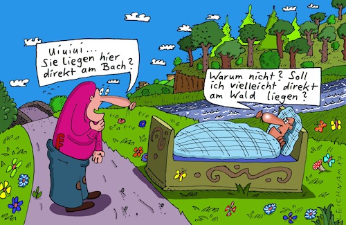 Cartoon: liegen (medium) by Leichnam tagged liegen,bett,bettstatt,warum,nicht,am,bach,wald,ruhen,schläfer,schlafen,leichnam,leichnamcartoon,open,air,unter,freiem,himmel,direkt,nachgefragt,verwunderung,empörung,störung