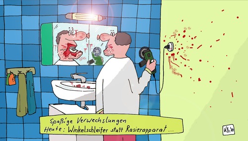 Cartoon: Morgentoilette (medium) by Leichnam tagged morgentoilette,spaßig,verwechslung,rasierapparat,winkelschleifer,badezimmer,aufstehen