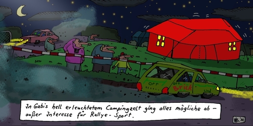 Cartoon: Nachtsport (medium) by Leichnam tagged rennsport,rennen,automobile,erleuchtet,hell,abgang,leichnam,campingzelt,gabi,rallye,nachtsport