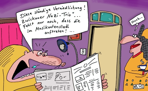Cartoon: niedlich (medium) by Leichnam tagged musikantenstadtel,nazi,trio,verärgerung,presse,zeitung,bösartig,rechtsradikal,niedlich