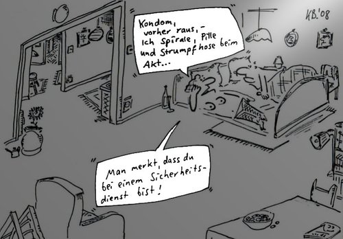 Cartoon: Nummer Sicher (medium) by Leichnam tagged sicherheit,sicherheitsdienst,bett,ehe,beischlaf,kondom,strumpfhose,spirale