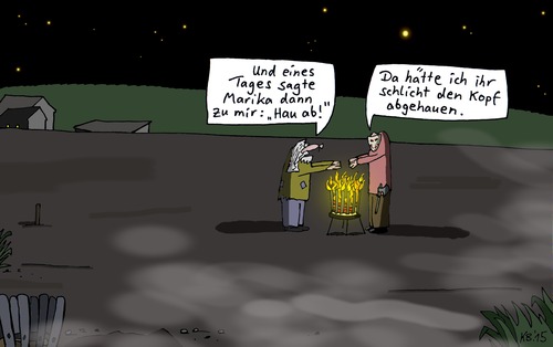 Cartoon: ohne Dach (medium) by Leichnam tagged ohne,dach,obdachlos,hau,ab,frau,feuerkorb,nacht,nebel,kälte,wärmen,abhauen,kopf,beil,axt,jason,grusel,horror