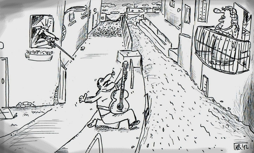 Cartoon: Ohne Worte (medium) by Leichnam tagged ohne,worte,grachten,musik,ständchen,schmachten,gitarre,angebetete,gewehr,schusswaffe,genervt