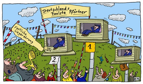 Cartoon: Pförtner 2 ... (medium) by Leichnam tagged pförtner,deutschlands,faulste,siegerehrung,podest,gold,silber,bronze,festlichkeit,feier,jubel,blaskapelle