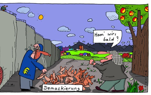 Cartoon: Runter damit! (medium) by Leichnam tagged demaskierung,larven,masken,damit,runter