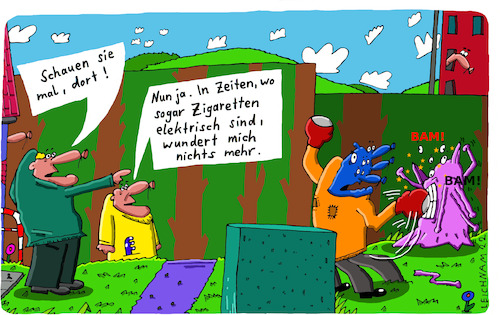 Cartoon: Schauen sie (medium) by Leichnam tagged schauen,schläger,bam,zigaretten,elektrisch,zeiten,leichnam,leichnamcartoon