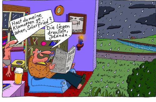 Cartoon: Schlimmer Tag (medium) by Leichnam tagged schlimm,klamotten,solarfried,jolanda,draußen,regen,sauwetter,leichnam,leichnamcartoon