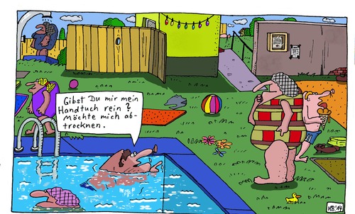 Cartoon: Schwimmspaß (medium) by Leichnam tagged schwimmspaß,urlaub,hitze,freibad,sonne,sommer,abtrocknen,handtuch,wasser,plantschen,freizeit