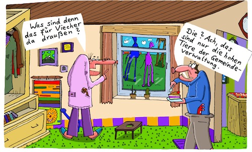 Cartoon: Seltsam (medium) by Leichnam tagged seltsam,viecher,hoch,tiere,verwaltung,gemeinde,politik,leichnam,leichnamcartoon,fenster,grundstück,eigenartig