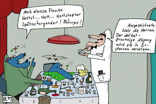 Cartoon: Spätsssburgunder (medium) by Leichnam tagged spätburgunder,restaurant,bestellung,kellner,börrrps,abgang,wein