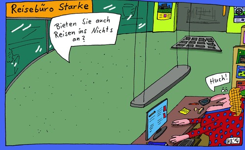 Cartoon: Starke (medium) by Leichnam tagged reisebüro,starke,reise,ins,nichts,huch,dame,am,schalter,anfrage,buchungswunsch