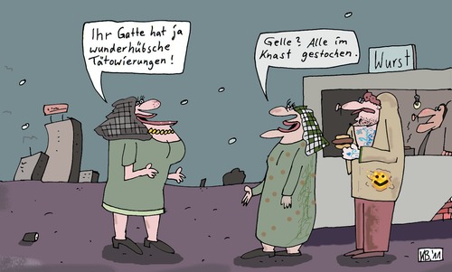 Cartoon: Tät (medium) by Leichnam tagged tätowierung,arm,gatte,ehefrau,spießbürger,wunderhübsch,knast,gestochen,nadel,wurst,leichnam,gelle