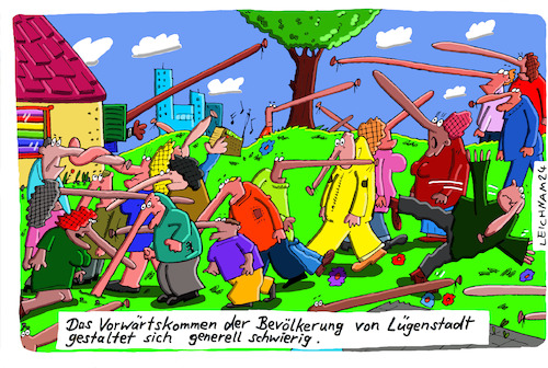 Cartoon: Vorwärts (medium) by Leichnam tagged vorwärtskommen,lügenstadt,langnasen,schwierig,hindernisse,leichnam,leichnamcartoon