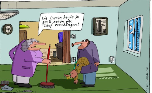 Cartoon: Vorwurf (medium) by Leichnam tagged vorwurf,raushängen,chef,boss,putzfrau,besen,leichnamcartoon