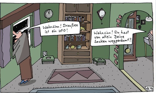 Cartoon: Wahnsinn (medium) by Leichnam tagged wahnsinn,ufo,unbekanntes,flugobjekt,von,allein,socken,ordnung,schaffen,aufräumen,ehe,mann,und,frau,nachthimmel,fenster,standuhr