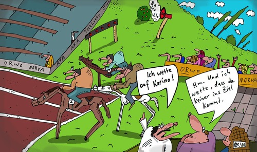 Cartoon: Wette (medium) by Leichnam tagged wette,leichnam,pferderennen,jockeys,tiere,wettkampf,klepper,klapprig,ziel,start,karino