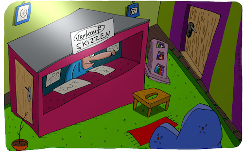 Cartoon: Wohnraum (medium) by Leichnam tagged wohnraum,verkauf,verkaufsbude,verkäufer,leichnam,leichnamcartoon,skizzen,zeichner,warten