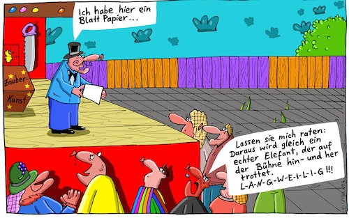 Cartoon: Zauberkunst (medium) by Leichnam tagged zauberkunst,blatt,papier,raten,elefant,attraktion,trick,langweilig,leichnam,leichnamcartoon