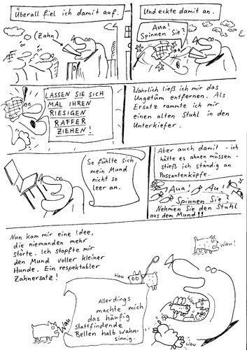 Cartoon: Kühlschrankgeschichten (medium) by Leichnam tagged aua,angeeckt,ausgespuckt,hunde,zahn,gartenschlauch,bauchhöhle,mundhöhle,stuhl,kühlschrank