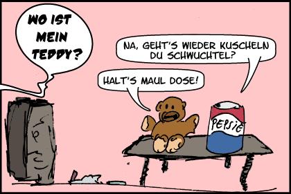 Cartoon: teddy und dose (medium) by kusubi tagged teddyunddose,schwuchtel,kids,teddy,dose