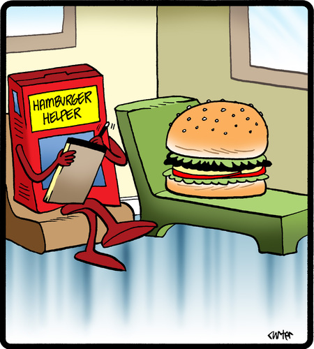 Cartoon: Hamburger Helper (medium) by cartertoons tagged hamburger,helper,psychology,psychiatry,treatment,office,therapy,therapist,hamburger,helper,psychology,psychiatry,treatment,office,therapy,therapist
