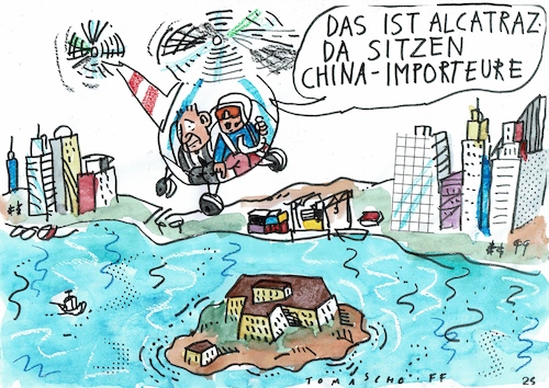 Cartoon: Alcatraz (medium) by Jan Tomaschoff tagged trump,usa,china,handelskrieg,zoll,trump,usa,china,handelskrieg,zoll