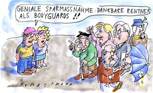 Cartoon: Bodyguards (medium) by Jan Tomaschoff tagged rente,rentner,senioren,bodyguards