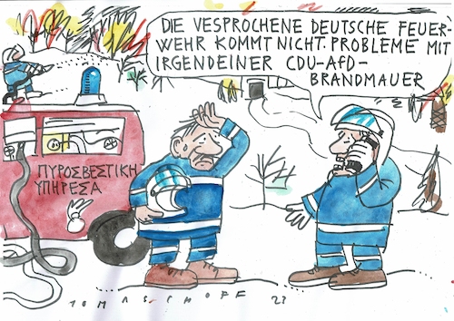 Cartoon: Brand (medium) by Jan Tomaschoff tagged waldbrand,griechenland,cdu,afd,waldbrand,griechenland,cdu,afd