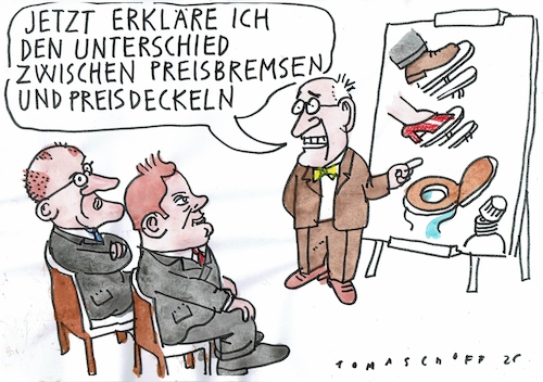 Cartoon: Brems und Deckel (medium) by Jan Tomaschoff tagged energie,preise,finanzen,merz,klingbeil,energie,preise,finanzen,merz,klingbeil