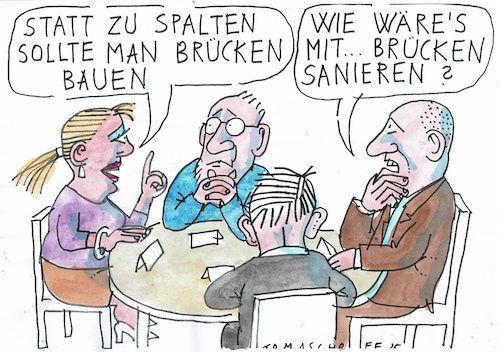 Cartoon: Brücken (medium) by Jan Tomaschoff tagged gesellschaft,spaltung,brücken,infrastruktur,gesellschaft,spaltung,brücken,infrastruktur