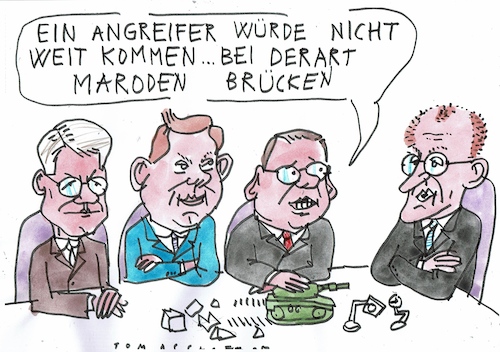 Cartoon: Brücken (medium) by Jan Tomaschoff tagged verteidigung,infrastruktur,militär,merz,klingbeil,pistorius,verteidigung,infrastruktur,militär,merz,klingbeil,pistorius