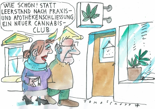 Cartoon: Cannabisclub (medium) by Jan Tomaschoff tagged gesundheit,fachkräftemangel,praxissxchliessung,apothekenschliessung,cannabis,gesundheit,fachkräftemangel,praxissxchliessung,apothekenschliessung,cannabis