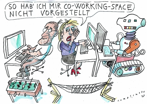 Cartoon: Co-working space (medium) by Jan Tomaschoff tagged mensch,maschine,computer,roboter,mensch,maschine,computer,roboter