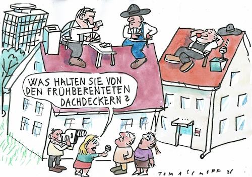Cartoon: Dachdecker (medium) by Jan Tomaschoff tagged rente,dachdecker,alter,rente,dachdecker,alter