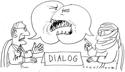 Cartoon: Dialog (medium) by Jan Tomaschoff tagged religionen,kulturen,dialog,cartoon,religion,glaube,kirche,gott,unterschiede,kommunikation,überzeugen,kultur,gesellschaft,dialog,meinungsverschiedenheiten,ethik,moral,politik