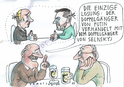 Cartoon: Doppelgänger (medium) by Jan Tomaschoff tagged ukraine,russland,selenskyj,putin,doppelgänger,ukraine,russland,selenskyj,putin,doppelgänger