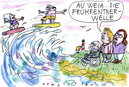 Cartoon: Frührentnerwelle (medium) by Jan Tomaschoff tagged demographie,rentenhöhe,demographie,rentenhöhe