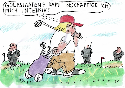 Cartoon: Golf (medium) by Jan Tomaschoff tagged trump,golf,nahost,trump,golf,nahost