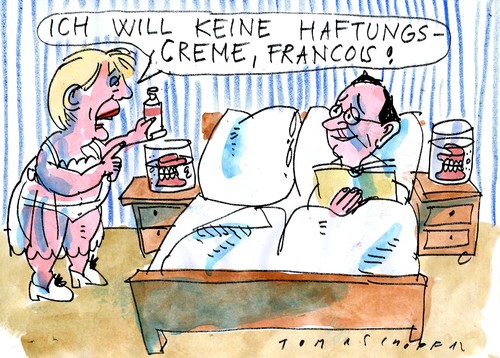 Cartoon: Haftung (medium) by Jan Tomaschoff tagged eurozone,eu,merkel,hollande,rettungsschirm,esm,esm,hollande,merkel,eurozone