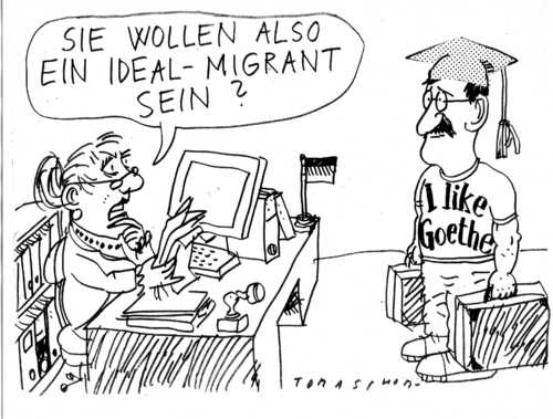 Cartoon: Ideal Migrant (medium) by Jan Tomaschoff tagged migranten,migration,migrant,einwanderung,ausländer,migranten,migration,migrant,einwanderung,ausländer