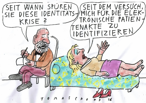 Cartoon: Identität (medium) by Jan Tomaschoff tagged gesundheit,digitalisierung,gesundheitskarte,gesundheit,digitalisierung,gesundheitskarte