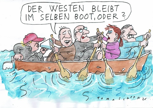 Cartoon: Im selben Boot (medium) by Jan Tomaschoff tagged trump,usa,westen,europa,trump,usa,westen,europa