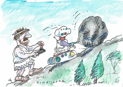 Cartoon: KI-Sisyphos (medium) by Jan Tomaschoff tagged mühe,arbeit,roboter,ki,mühe,arbeit,roboter,ki